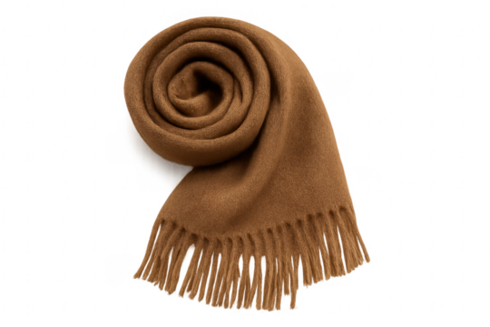 Brown wool scarf rolled with fringe, transparent background