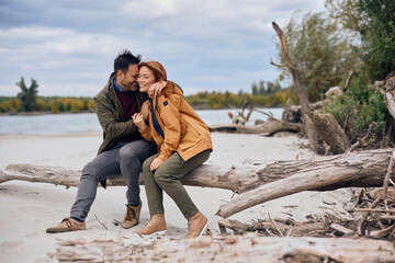 Fototapeta premium Happy couple in love enjoying in autumn day.