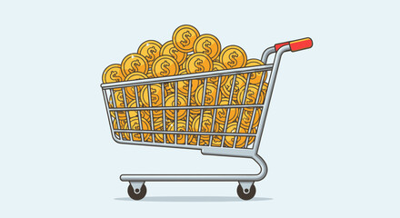 Shopping cart overflowing with golden dollar coins wealth concept.