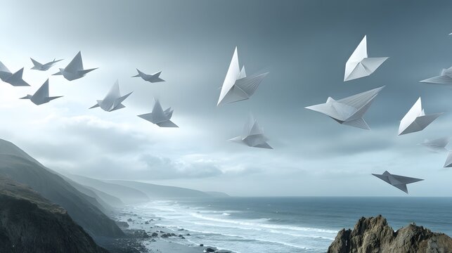 Origami birds fly over a misty ocean and rocky coastline.