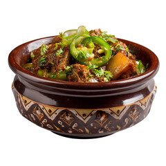 a bowl of stew with meat and parsley isolated on transparent background
