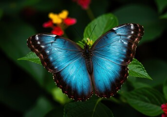 Blue Butterfly on Green Background Macro