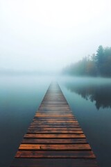 Fototapeta premium A long wooden pier extends into a misty blue lake, surrounded by soft swirling fog and trees.