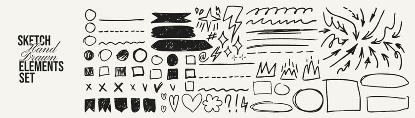 Pen drawn sketchy elements set. Arrows, markers, lines, shapes, hearts, symbols, underlines, highlighter strokes. Pencil crayon lines for emphasize text, school notebook.