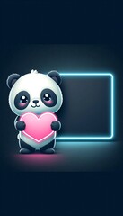 A cute baby panda holding a neon heart , set against a dark background flat surface. Perfect for a Valentine&rsquo;s Day gift card