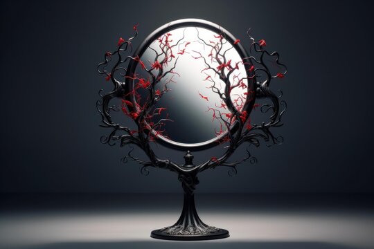 Round mirror with dark decorative branches and red flowers on a dark background
