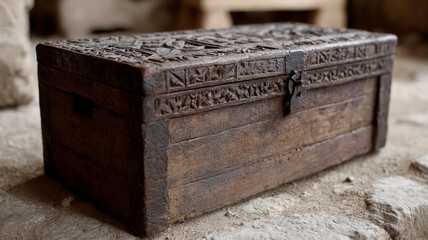 Antique wooden chest with intricate carvings, rustic style.