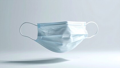 A minimalist medical mask hovers against a neutral background, softly lit by diffused midday light, symbolizing health, protection, and safety
