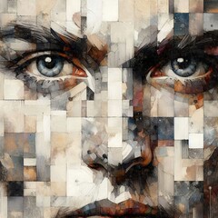 A portrait collage painting capturing a close-up of the face with direct eye contact, designed as a print or art
