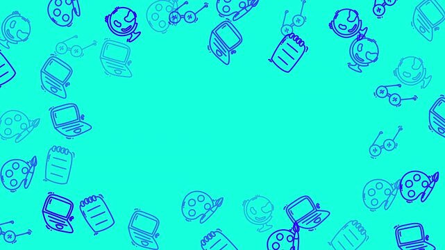 Digital education doodle animation with laptops, science icons, and creative tools on bright blue background. Perfect for online learning and tech themes.