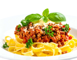 Close-up of pasta dish with meat sauce, herbs, and grated cheese, on a white plate