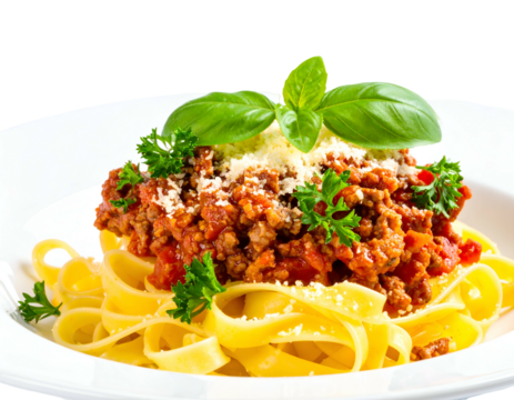 Close-up of pasta dish with meat sauce, herbs, and grated cheese, on a white plate