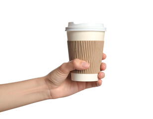 Human hand holding a takeaway paper cup with a cardboard sleeve and white lid on black
