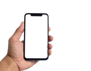 A hand holds a sleek, black, modern smartphone with a blank white screen against a black background