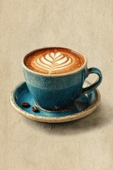 Vintage watercolor illustration of a cappuccino with latte art in a blue ceramic cup on beige paper background, cozy coffee shop style artwork