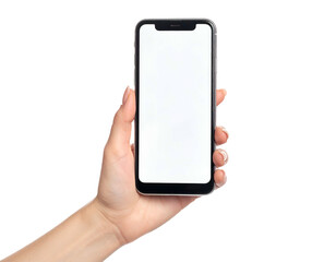 A person's hand holds a smartphone with a blank white screen, on black background