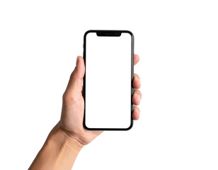 Person's hand holding a blank smartphone against a black background