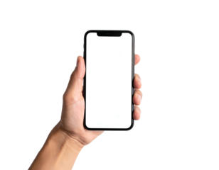 Person's hand holding a blank smartphone against a black background