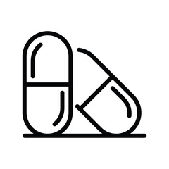 Two capsuleshaped pills are displayed on a flat surface outlined in a simple black line drawing. line icon editable stroke