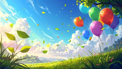 爽やかな草原と風に揺れるカラフルな風船 AI生成素材