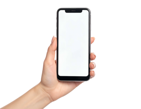 A person's hand holds a smartphone with a blank white screen, on black background