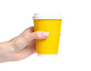 A hand with neatly manicured nails holds a bright yellow corrugated paper cup