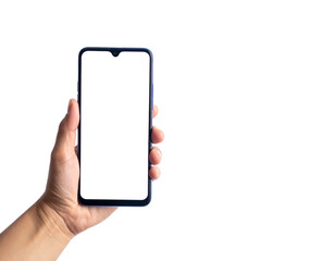 A hand holding a mobile phone with a blank white screen against a black backdrop