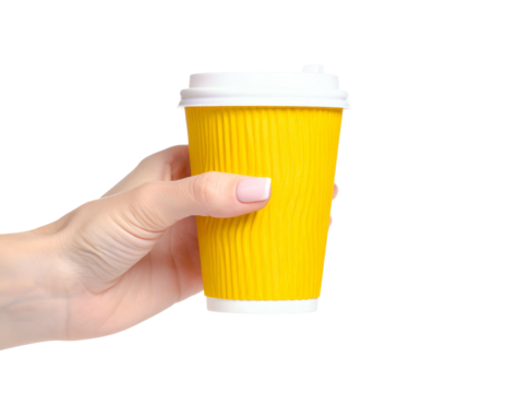 A hand with neatly manicured nails holds a bright yellow corrugated paper cup