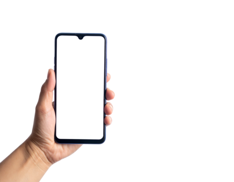 A hand holding a mobile phone with a blank white screen against a black backdrop
