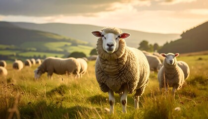 Obraz premium Fluffy sheep grazing in a green meadow, basking in warm sunlight