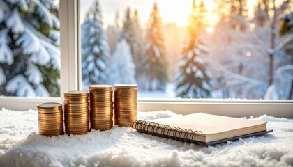 Stacked Coins on Snowy Surface by Window with Beautiful Sunrise