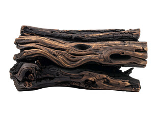 Close-up view of charred and weathered wooden logs against a solid black background