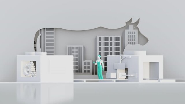 Modern 3D illustration of automated milk production and dairy processing factory with robotic machinery, milk bottles, and industry worker &mdash; symbolizing food technology, quality control, and smart man