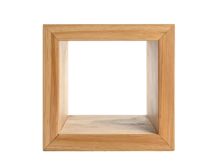 A small, square wooden frame, viewed from an angle, with a black center and clean design