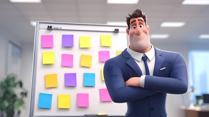 Animated businessman stands with arms crossed near a whiteboard.