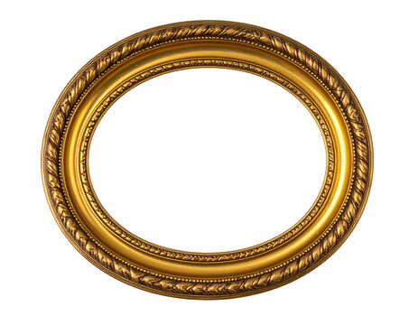 A close-up of an opulent, antique-style golden oval picture frame against a stark black background