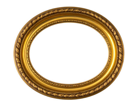 A close-up of an opulent, antique-style golden oval picture frame against a stark black background