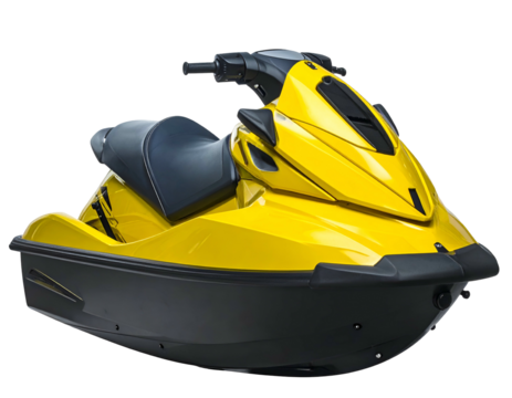 A vibrant yellow personal watercraft, set against a transparent background, showing off its sleek design
