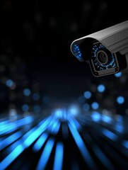A close-up of a surveillance camera with a futuristic blue light background, emphasizing security technology and digital monitoring.