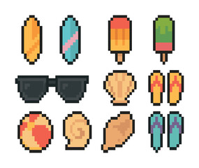 Vector Pixel art summer icons: surfboards, popsicles, sunglasses, shells, flip-flops