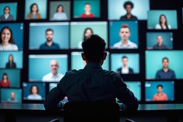 Teacher Drowning in a Sea of Digital Screens, Each Showing a Different Student's Face in an Online Class.