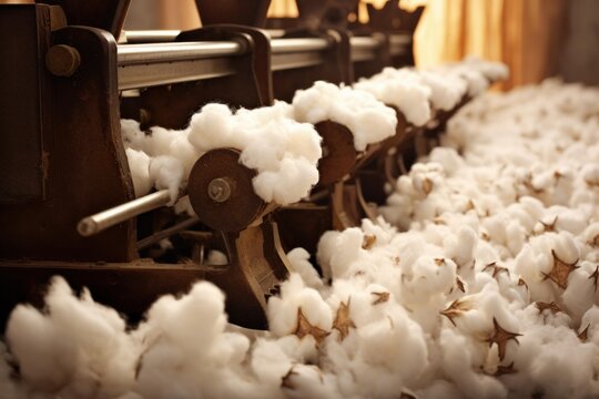 Close up of cotton gin processing raw cotton, separating seeds from fibers, in a textile factory