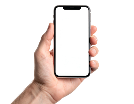 A hand grasps a modern device with a blank, bright screen against a black background