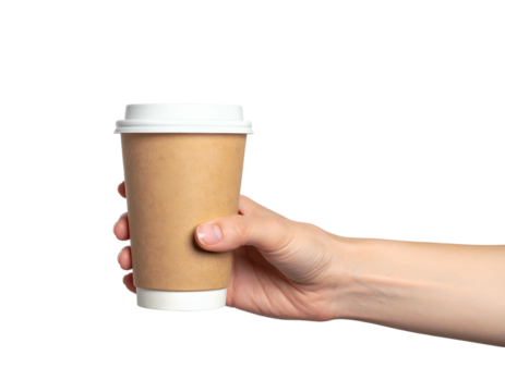 Person's hand gripping a take-out coffee cup against a black background