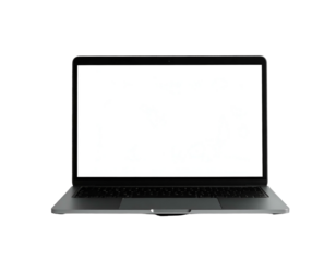 Modern, open portable computer, blank screen, dark background, isolated, front view, minimal design
