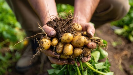 Closeup of farmer holding freshly harvested potatoes in hands, showcasing the bounty of the earth and the rewards of sustainable agriculture
