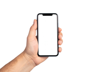 Human hand holding a smartphone with a blank white screen, isolated on black