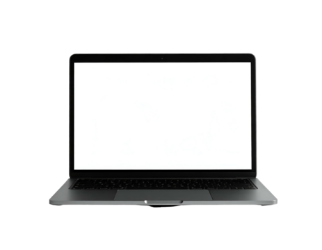 Modern, open portable computer, blank screen, dark background, isolated, front view, minimal design