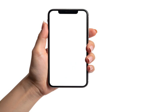 Hand holding a black smartphone with a white screen against a black background - Powered by Adobe