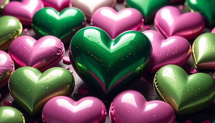 Group of colorful, glossy hearts scattered on a dark surface